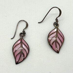 Vintage 925 Sterling Silver Pink Mother Of Pearl Leaf Dangle Earrings 3.85 Grams